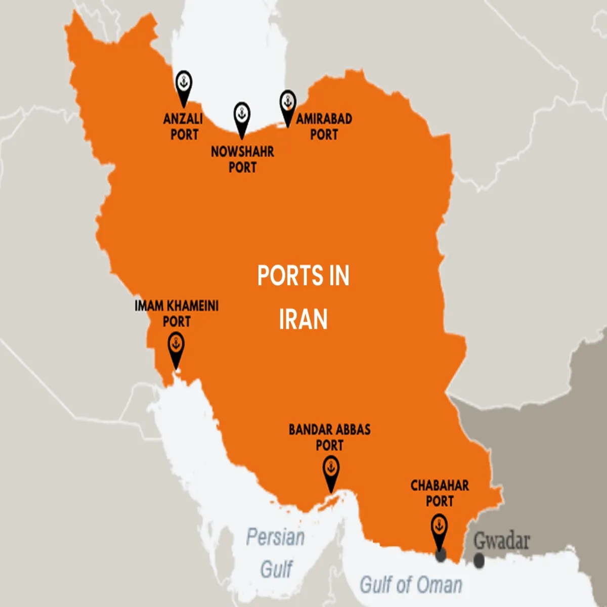 map of Iran with major sea ports for sea freight shipping from Iran marked on it