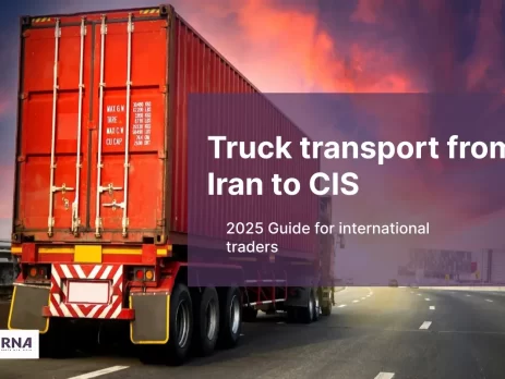 a truck in the road transporting cargo from Iran to CIS with this text display on the picture: truck transport from Iran to CIS
