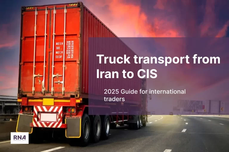 a truck in the road transporting cargo from Iran to CIS with this text display on the picture: truck transport from Iran to CIS
