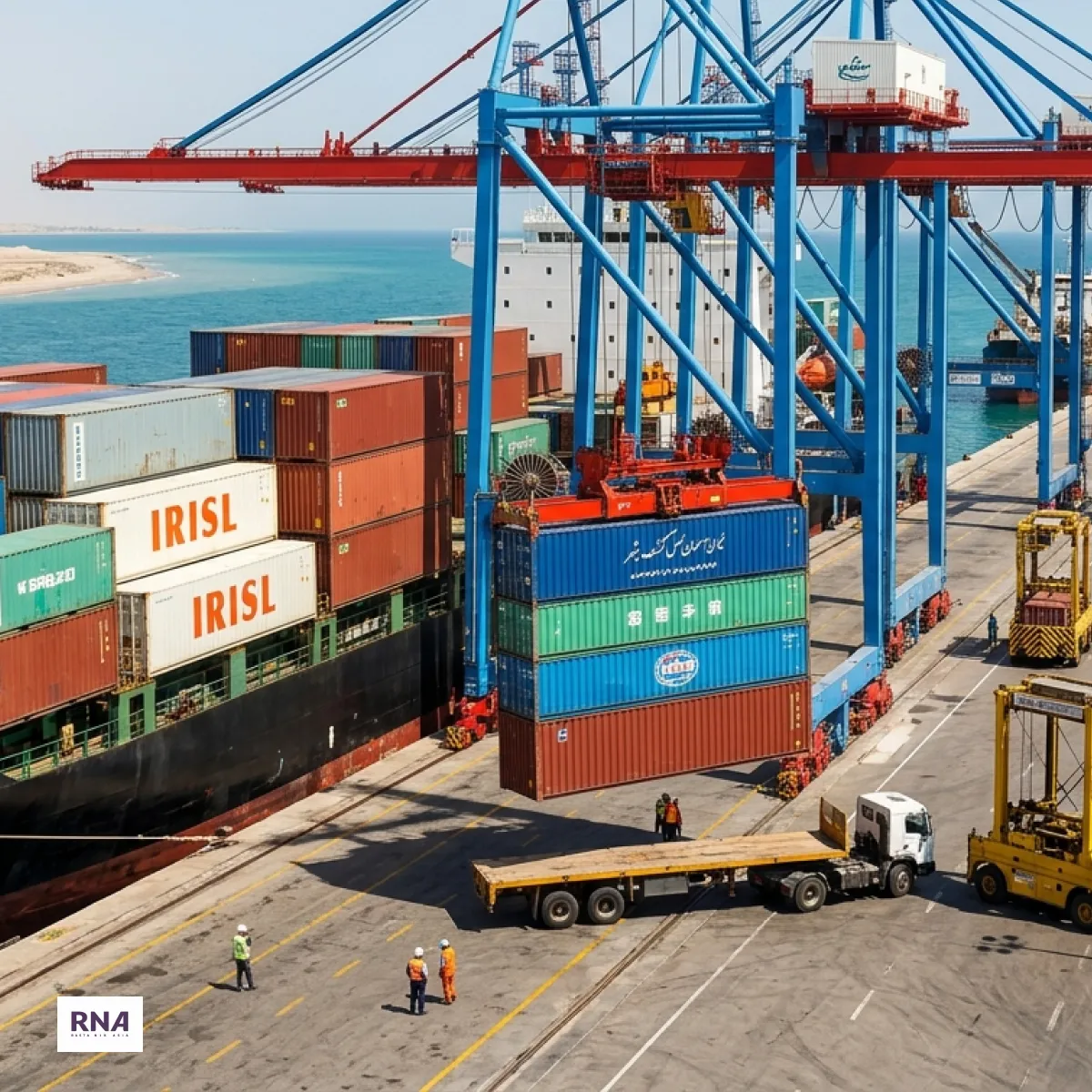 Cargo containers being unloaded at Bandar Abbas port in Iran