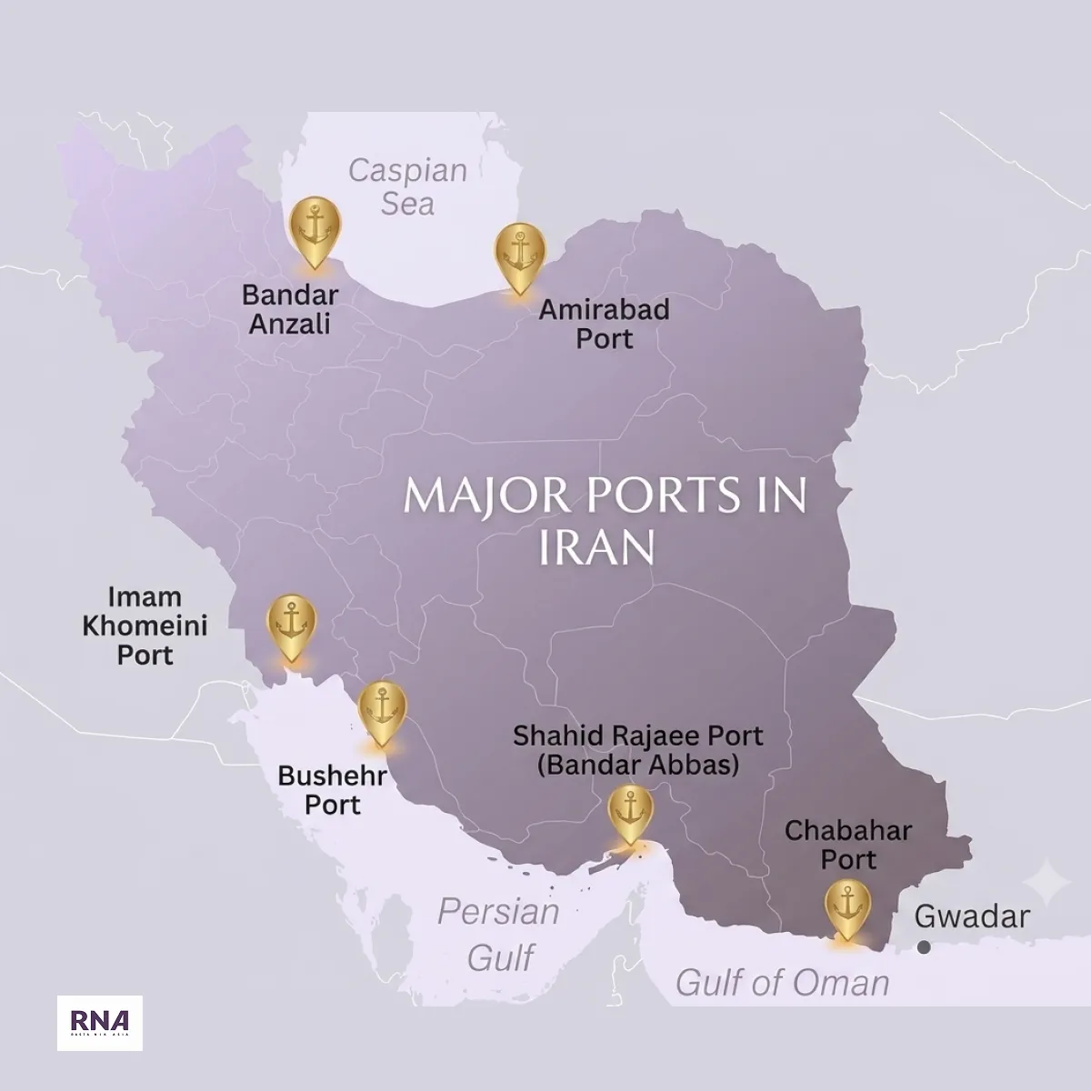 a picture of Iran's map showing main ports in Iran