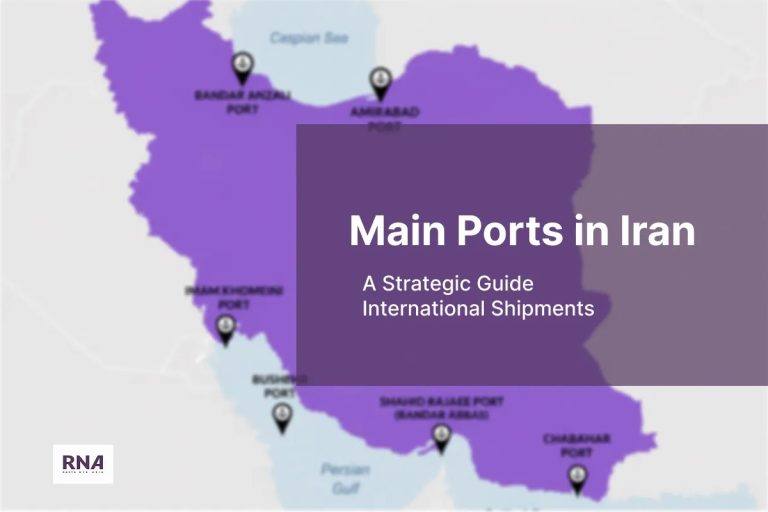 a picture of the map of Iran with main ports in Iran pin on it