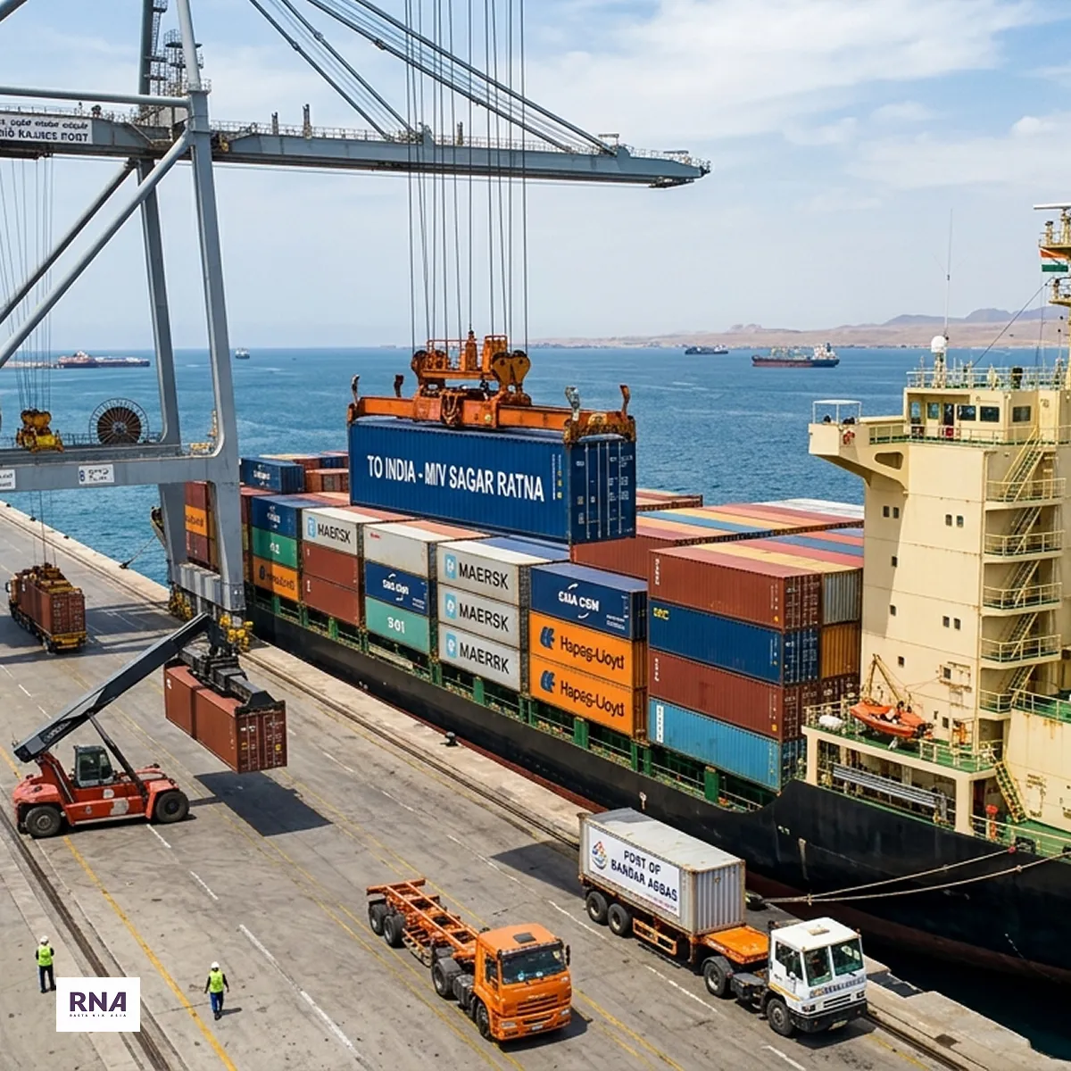 Cargo containers being loaded at Bandar Abbas port for shipment to India