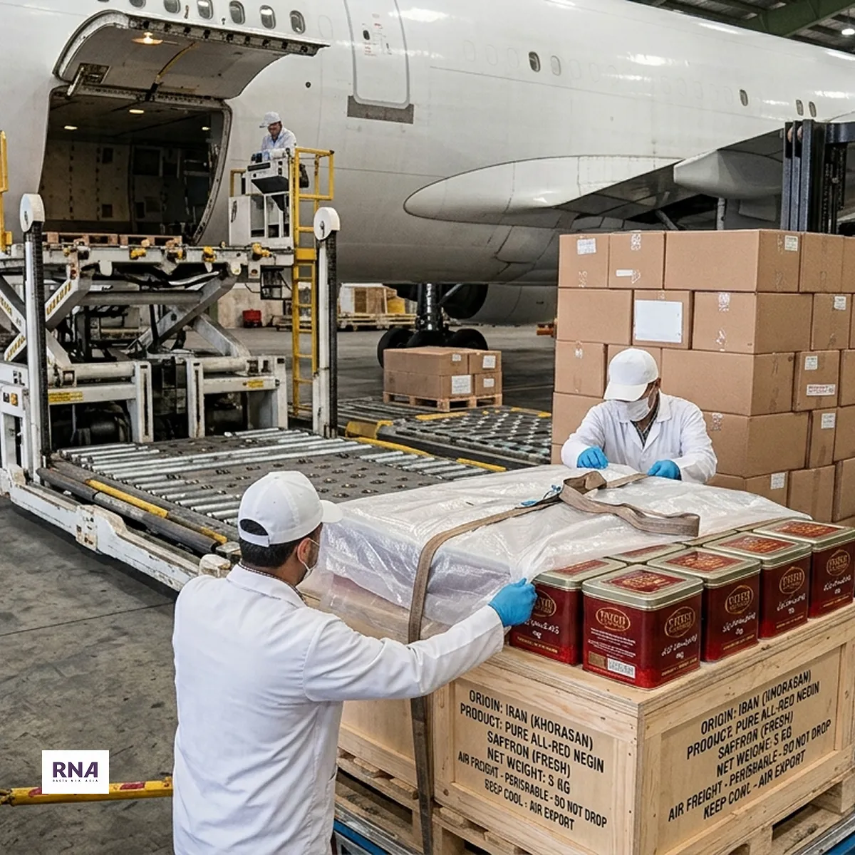 Perishable food cargo being loaded for air freight from Iran