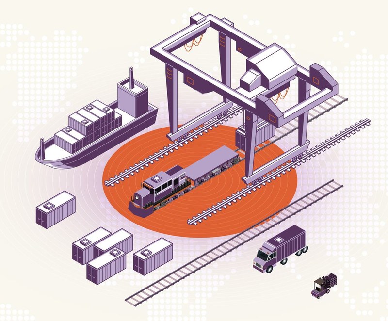 Isometric illustration of multimodal freight: container ship, gantry crane, rail and truck transport